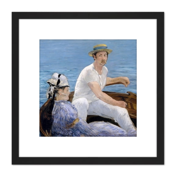Manet Boating Painting 8X8 Inch Square Wooden Framed Wall Art Print Picture with Mount