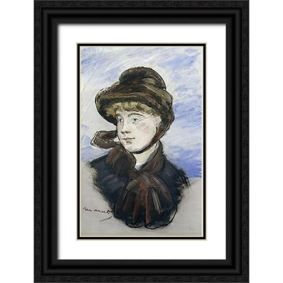 Manet, Edouard 10x14 Black Ornate Wood Framed with Double Matting Museum Art Print Titled - Young Girl in a Brown Hat