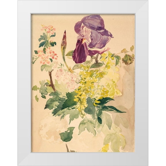Manet, Edouard 12x14 White Modern Wood Framed Museum Art Print Titled - Flower Piece with Iris, Laburnum, and Geranium, 1880