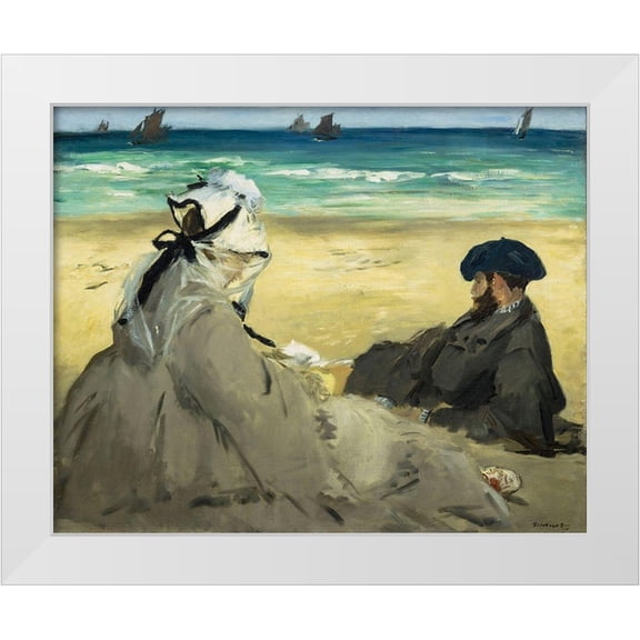 Manet, Edouard 14x12 White Modern Wood Framed Museum Art Print Titled - On the Beach