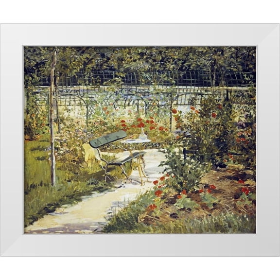 Manet, Edouard 14x12 White Modern Wood Framed Museum Art Print Titled - The Bench, Garden at Versailles