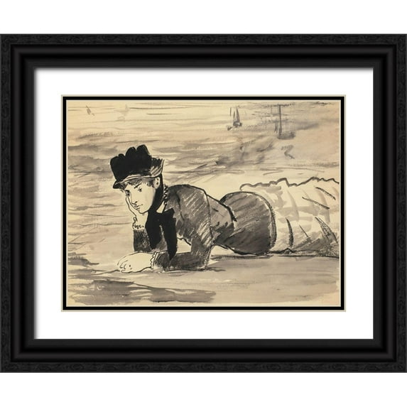 Manet, Edouard 24x19 Black Ornate Wood Framed with Double Matting Museum Art Print Titled - Woman Lying on the Beach. Annabel Lee