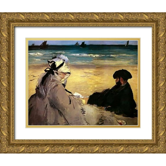 Manet, Edouard 24x19 Gold Ornate Wood Framed with Double Matting Museum Art Print Titled - At the Beach