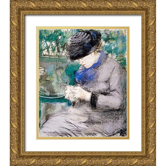 Manet, Edouard 26x31 Gold Ornate Wood Framed with Double Matting Museum Art Print Titled - Girl Sitting in the Garden Knitting, 1879