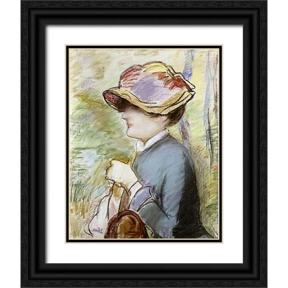Manet, Edouard 26x32 Black Ornate Wood Framed with Double Matting Museum Art Print Titled - Young Woman in a Broad Hat