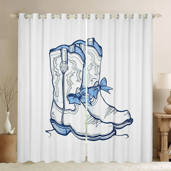 Manfe Cowgirl Cowboy Boot Child Black Out Curtains, White Blue Cartoon Curtains Pack of 2 (42x63 Each), Kawaii Princess Ribbon Bow Bedroom Curtains, Curtains Blackout Room Decor