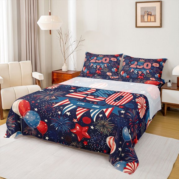 Manfei 250 Years Anniversary Queen Sheets,Festival Balloons Fireworks Queen Sheet Sets,4-Piece,1 Flat Sheet, 1 Fitted Sheet and 2 Pillowcases