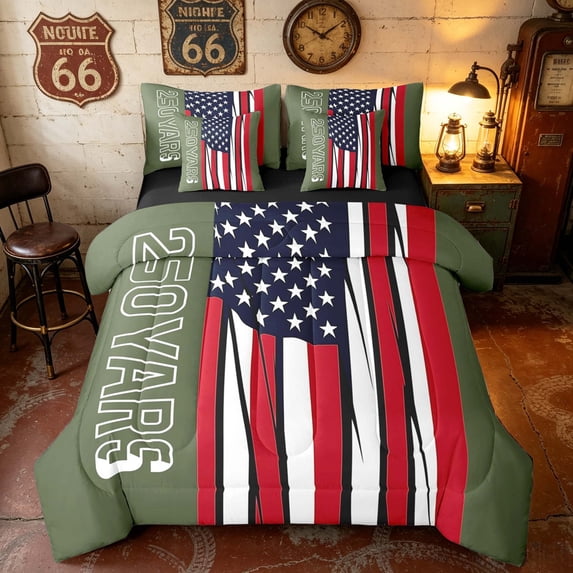Manfei 250 Years Print King Bedding, Modern US Flag King Bed in a Bag, Olive Red White Blue, Black Reversible 7pcs