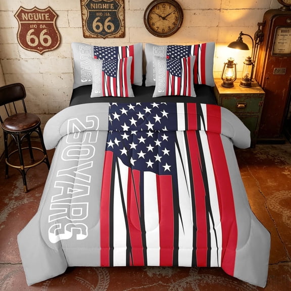 Manfei 250 Years Print Twin Bedding, Modern US Flag Bedding Comforter Set, Gray Red White Blue, Black Reversible 7-Piece