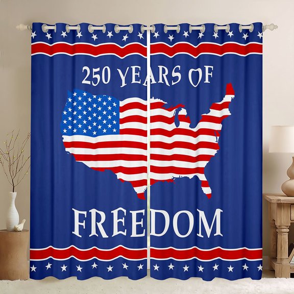 Manfei 250 Years of Freedom Kitchen Curtains, USA Flag Map Black Out Curtains Pack of 2 (42x63 Each), Blue Red White