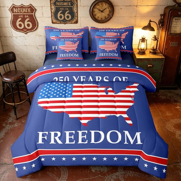 Manfei 250 Years of Freedom Twin Bedding, USA Flag Map Bedding Comforter Set, Blue Red White, Navy Reversible 7pcs