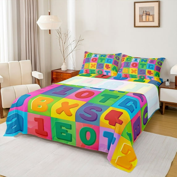 Manfei 26 Letters Alphabet Queen Sheet Sets,Colorful Geometric Checkered Flat Sheet,Rainbow Abc Queen Fitted Sheet For Girls Boys,Luxury Bedroom Decor,4 Pieces