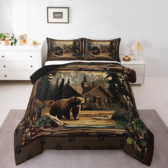 Manfei 3-Piece King Bear Comforter Set: Rustic Cabin Jungle Wildlife Reversible Microfiber
