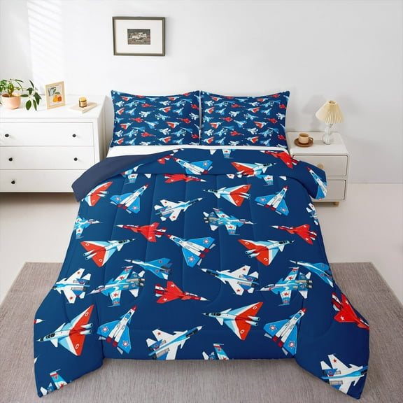 Manfei 3D Airplane Queen Comforter Set,American Aircraft Bedding Sets,Red Blue Bedding Comforter Set For Teens,Luxury Bedroom Decor Reversible,3-Piece
