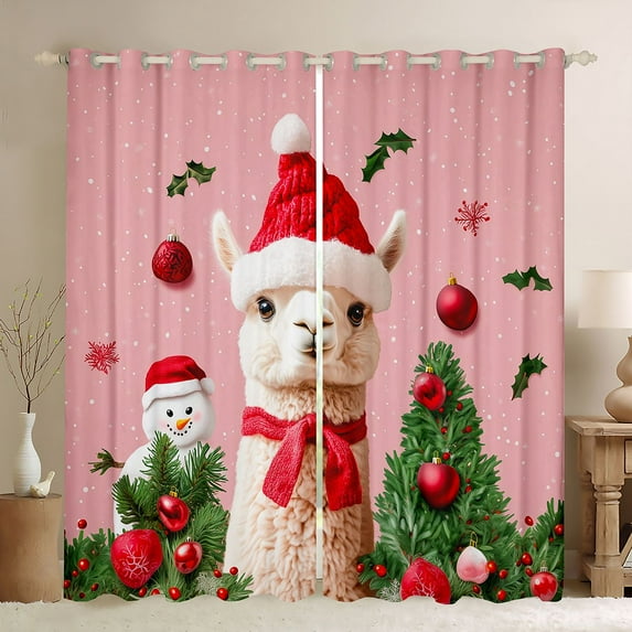 Homewish 3D Alpaca Animal Black Out Curtains, Funny Christmas Snowman Curtains Pack of 2 (42x63 Each), Cartoon Xmas Tree Bedroom Curtains, Black Out Curtains Decor