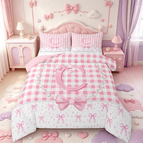 Manfei 3D Alphabet Print C Queen Comforter Set,Pink Dreamy Bowtie Comforter Sets Queen,Pink Reversible,3-Piece,1 Comforter and 2 Pillowcases