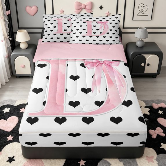 Manfei 3D Alphabet Print C Zipper Full Size Comforter Sets with Fitted Sheet and 2 Pillowcases,Pink Girly Bowknot Zipper Bedding Set,Pink Reversible,4pcs