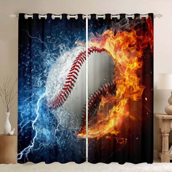 Manfei 3D Baseball Blackout Curtains Set of 2 (52x84 Each) for Boys, Fire and Water Window Curtains, Modern Ball Sports Curtains and Drapes, Window Curtains Decor