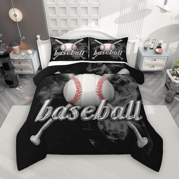 Manfei 3D Baseball Print Bedding Comforter Set 2pcs for Kids Boys, Sports Theme Twin Comforter Sets, Black Gray Smoke Bedding Set, Microfiber Bedroom Decor
