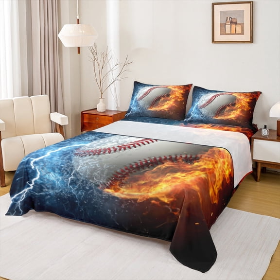 Manfei 3D Baseball Queen Sheet Sets for Boys, Fire and Water Flat Sheet, Modern Ball Sports Queen Fitted Sheet, Luxury Bedroom Decor, 4pcs