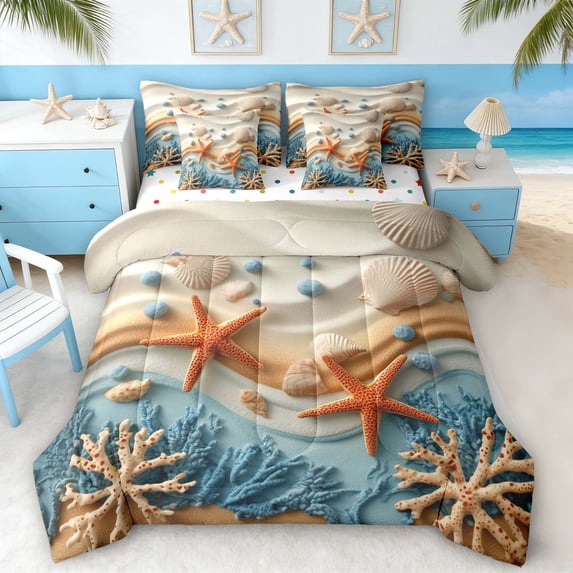 Manfei 3D Beach Seashell Starfish Coral Bedding Comforter Set for Kids Boys and Girls, Coastal Life Print Queen Bedding Sets, Polka Dots Reversible 7 Pieces