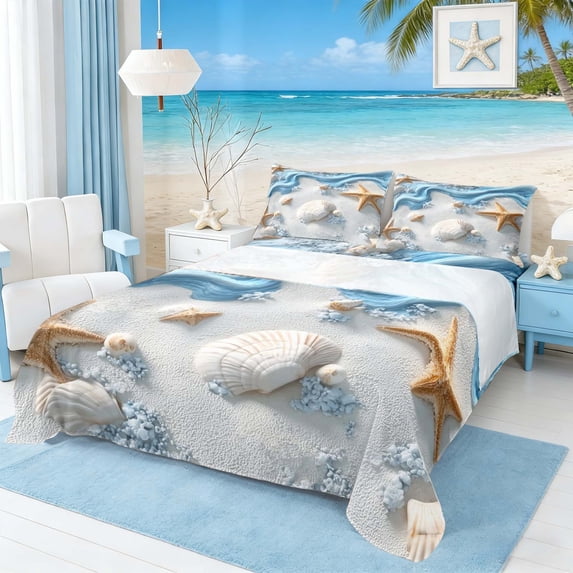 Manfei 3D Beach Seashell Starfish Queen Sheet Sets for Kids Boys and Girls, Coastal Life Print Bed Set 4pcs, 1 Flat Sheet, 1 Fitted Sheet and 2 Pillowcases