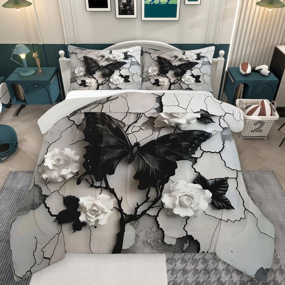 Manfei 3D Black Butterfly Queen Comforter Set for Women, Romantic Rose Floral Bedding Sets, Modern Fashion Artwork Reversible Bedding Comforter Set, Microfiber Bedroom Decor, 3 Pieces
