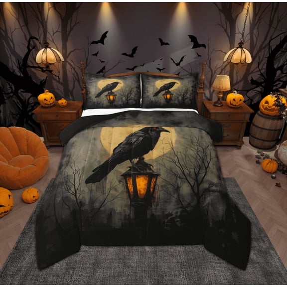Manfei 3D Black Crow Queen Comforter Set, Vintage Halloween Moon Bedding Sets, Teens Kids Adult Reversible Bedding Comforter Set, Microfiber Bedroom Decor, 3pcs