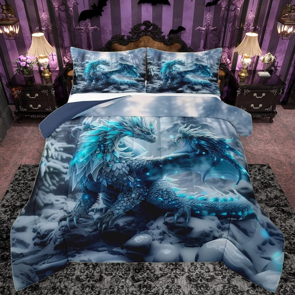 Manfei 3D Blue Dragon Full Size Comforter Sets for Kids, Magic Glitter Animal Bedding Comforter Set, Winter Jungle Tree Reversible Bedding Sets, Luxury Bedroom Decor, 3pcs