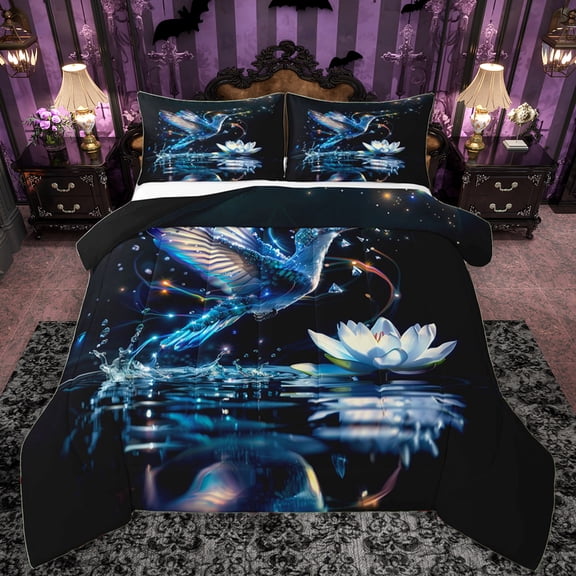 Manfei 3D Blue Hummingbird Queen Comforter Set, Lake Lotus Flower Bedding Sets, Dreamy Glitter Stars Galaxy Reversible Bedding Comforter Set, Luxury Bedroom Decor, 3pcs