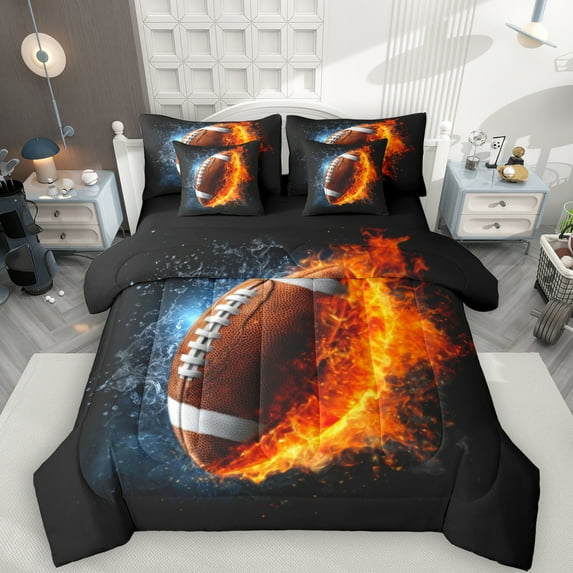 Manfei 3D Brown Rugby 7-Piece Bedding Comforter Set for Boys, Fire and Water King Bedding Sets, Modern Ball Sports Reversible Bed Sheets, Luxury Bedroom Decor