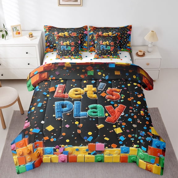 Manfei 3D Building Block Bed in a Bag Full Size,Colorfull Boys Toy Bed Set,Let'S Play Bedding Full Size For Boys Kids,Microfiber Bedroom Decoration Reversible,7 Pieces