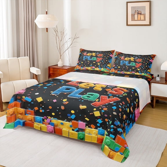Manfei 3D Building Block Bed Sheets Set King Size,Colorfull Boys Toy Bedding Sets King Size,Let'S Play Bed Sheets King For Boys Kids,Microfiber Bedroom Decoration,4-Piece