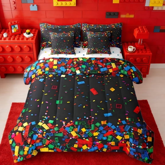 Manfei 3D Building Blocks 7-Piece Twin Bedding Sets For Boys,Colorful Bricks Rainbow Gradient Bedding Comforter Set,Black Reversible