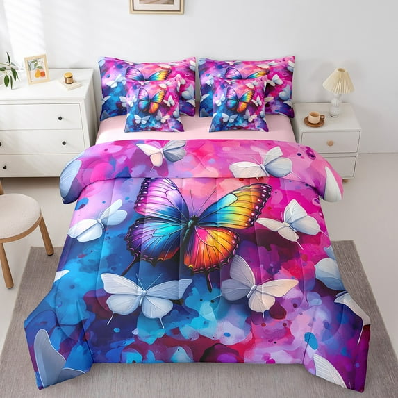 Manfei 3D Butterfly Bedding Sets Twin Size,Watercolor Splashing Ink Comforter Sets with Sheets,Colorful Animal Bed in a Bag Twin Size,Ultra Soft Bedroom Decor Reversible,7-Piece
