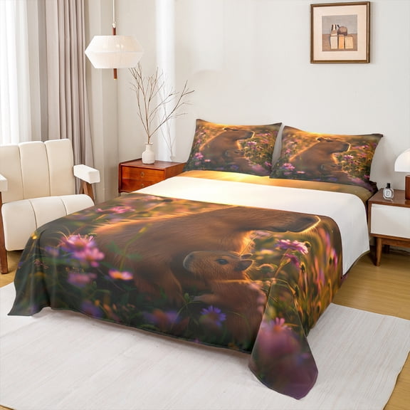 Manfei 3D Capybara Queen Sheet Sets 4 Pieces, Animal Theme Flat Sheet, Garden Blossoms Queen Fitted Sheet, Lightweight Room Decor