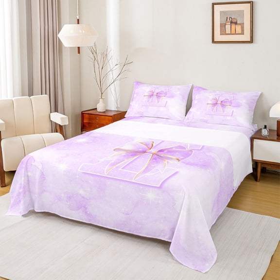 Manfei 3D Cartoon Bow Print Bed Sheets,Purple Monogrammed E Full Size Sheets,4 Pieces