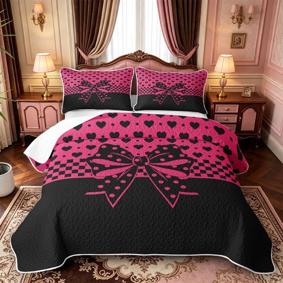 Manfei 3D Cartoon Bowknot Print Twin Quilt Set,Romantic Heart Pattern Twin Coverlet Set,3 Pieces,1 Bedspread and 1 Pillowcase
