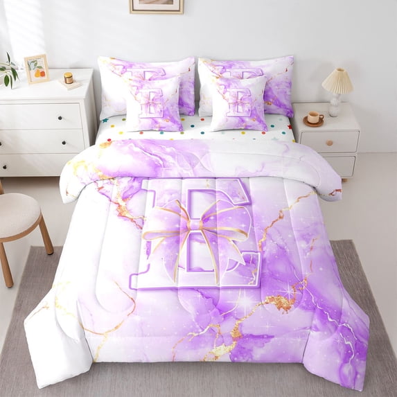 Manfei 3D Cartoon Bownot Print 7-Piece King Bedding,White Purple Monogrammed E King Bed in a Bag,Polkadot Reversible