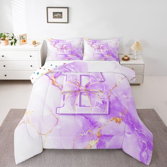 Manfei 3D Cartoon Bownot Print Full Size Comforter Sets,White Purple Monogrammed E Bedding Comforter Set,Polkadot Reversible,3 Pieces,1 Comforter and 2 Pillowcases