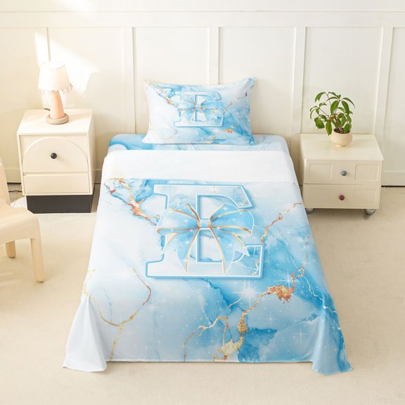 Manfei 3D Cartoon Bownot Print Twin Sheets,White Blue Monogrammed E Bedding,3 Pieces