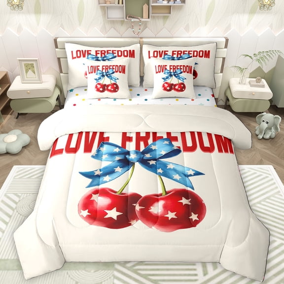 Manfei 3D Cartoon Cherry 7pcs Bedding Comforter Set,Kawaii Bow Tie Queen Bedding Sets,Love Freedom Queen Sheet Sets For Girsl Kids,Ultra Soft Home Decor Reversible
