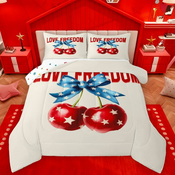 Manfei 3D Cartoon Cherry Full Size Comforter Sets,Kawaii Bow Tie Bedding Comforter Set,Love Freedom Bedding Sets For Girsl Kids,Ultra Soft Home Decor Reversible,3 Pieces
