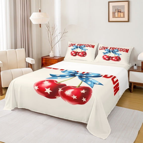 Manfei 3D Cartoon Cherry Full Size Sheets,Kawaii Bow Tie Bed Sheets,Love Freedom Sheet Sets For Girsl Kids,Ultra Soft Home Decor,4 Pieces