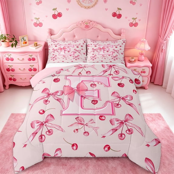 Manfei 3D Cartoon Cute Cherries Full Size Comforter Sets For Girls,Bowknot Letter E Initial Monogram Bedding Sets,Pink Reversible,3pcs