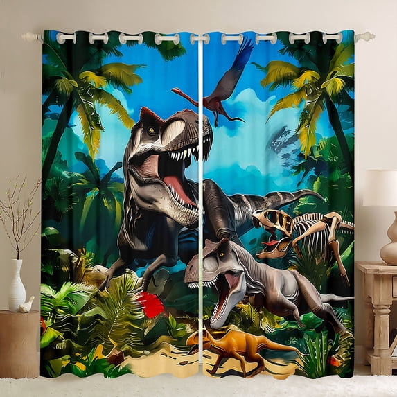 Manfei 3D Cartoon Dino Boy Curtains Pack of 2 (42x84 Each), Jungle Tyrannosaurus Rex Curtains Blackout, Ancient Animal Bedroom Curtains, Luxurious Bedroom Decor
