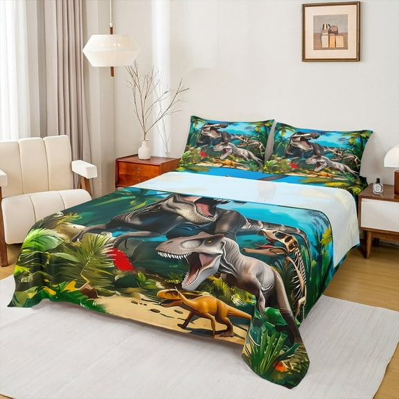Manfei 3D Cartoon Dino Boy Full Size Sheets 4-Piece, Jungle Tyrannosaurus Rex Bed Sheets, Ancient Animal Sheet Sets, Breathable Bedroom Decor