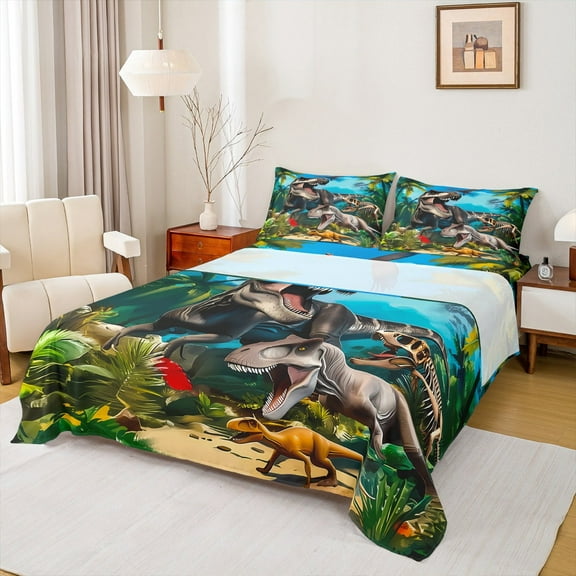 Manfei 3D Cartoon Dino Boy Twin Sheet Sets 3pcs, Jungle Tyrannosaurus Rex Twin Fitted Sheet, Ancient Animal Flat Sheet, Breathable Bedroom Decor