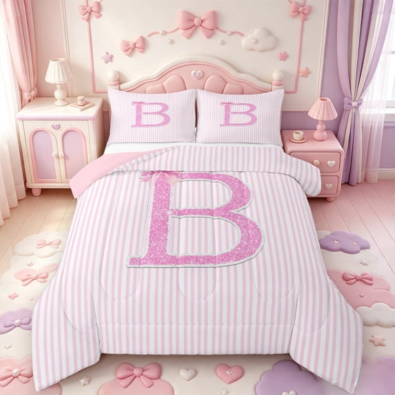 Manfei 3D Cartoon Monogram B King Size Comforter Sets,Modern Geometric Pattern Comforters King Size,Pink Reversible,3 Pieces,1 Comforter and 2 Pillowcases