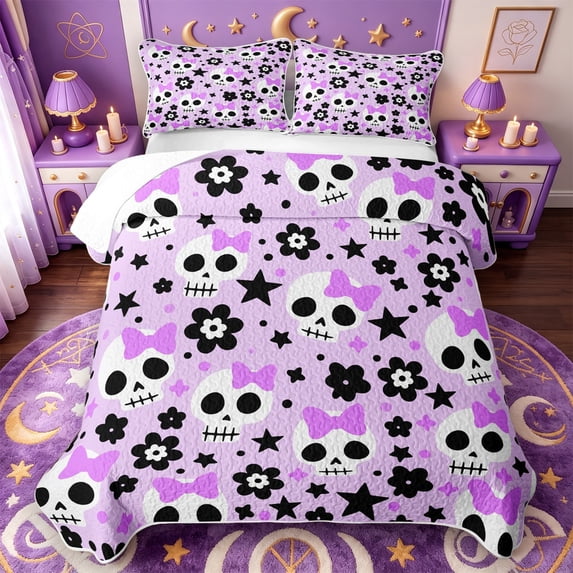 Manfei 3D Cartoon Skull Halloween Bed Spread Queen,Vintage Skeleton Print Queen Coverlet Set,3 Pieces,1 Quilt and 2 Pillowcases